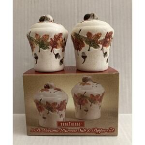 HomeTrends 2-Piece Ceramic Harvest Salt Pepper Shaker Set Fall Autumn Leaves NOS